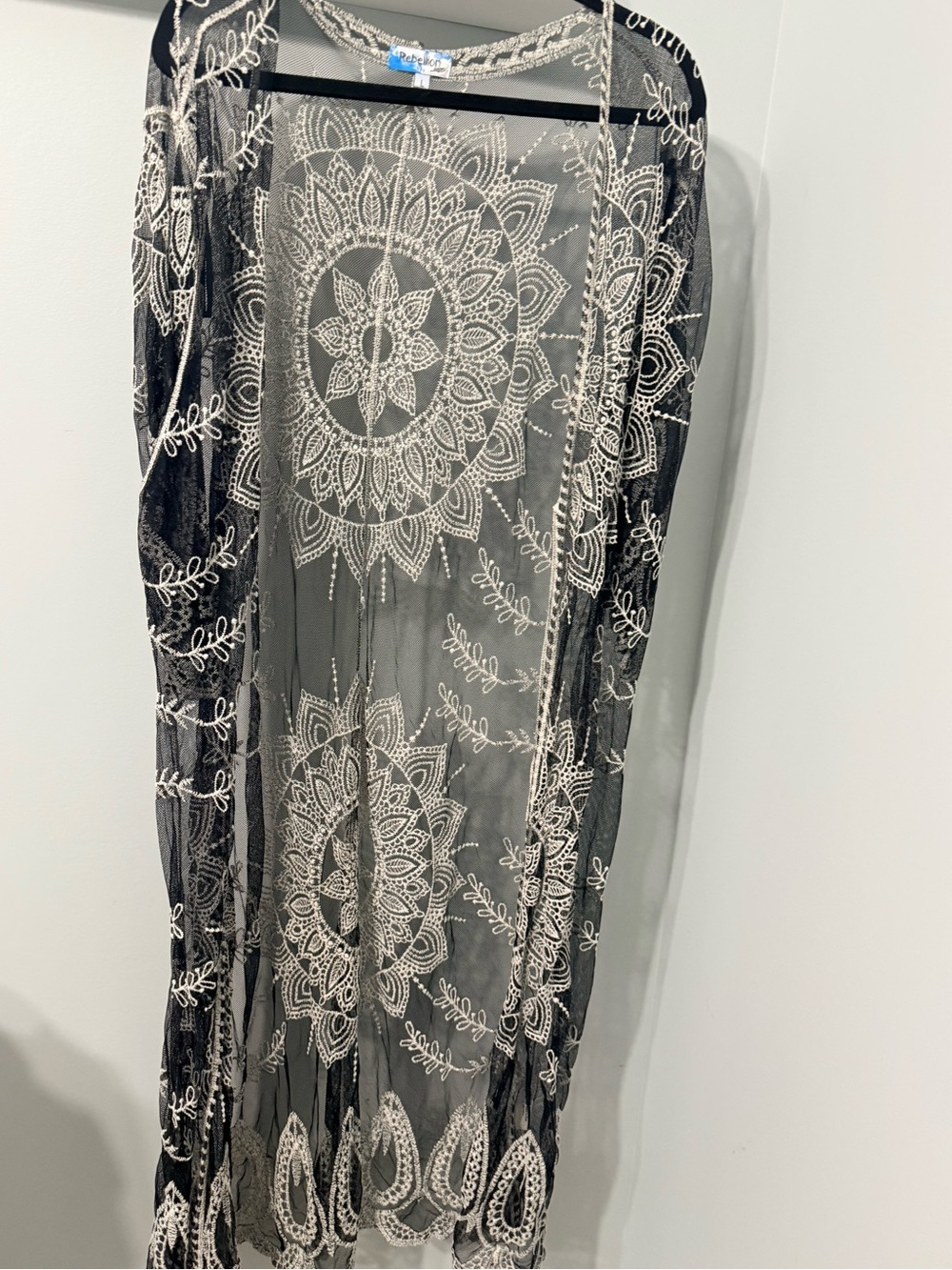 Rebellion Black Sheer Kimono with White Embroidered Mandala